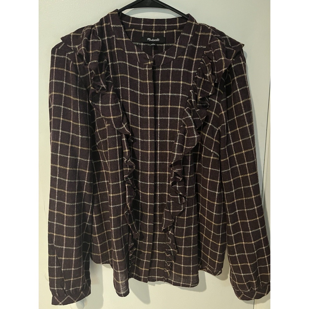 Madewell Women's Plaid Fall Ruffle-Front Top Size Medium Button Up
